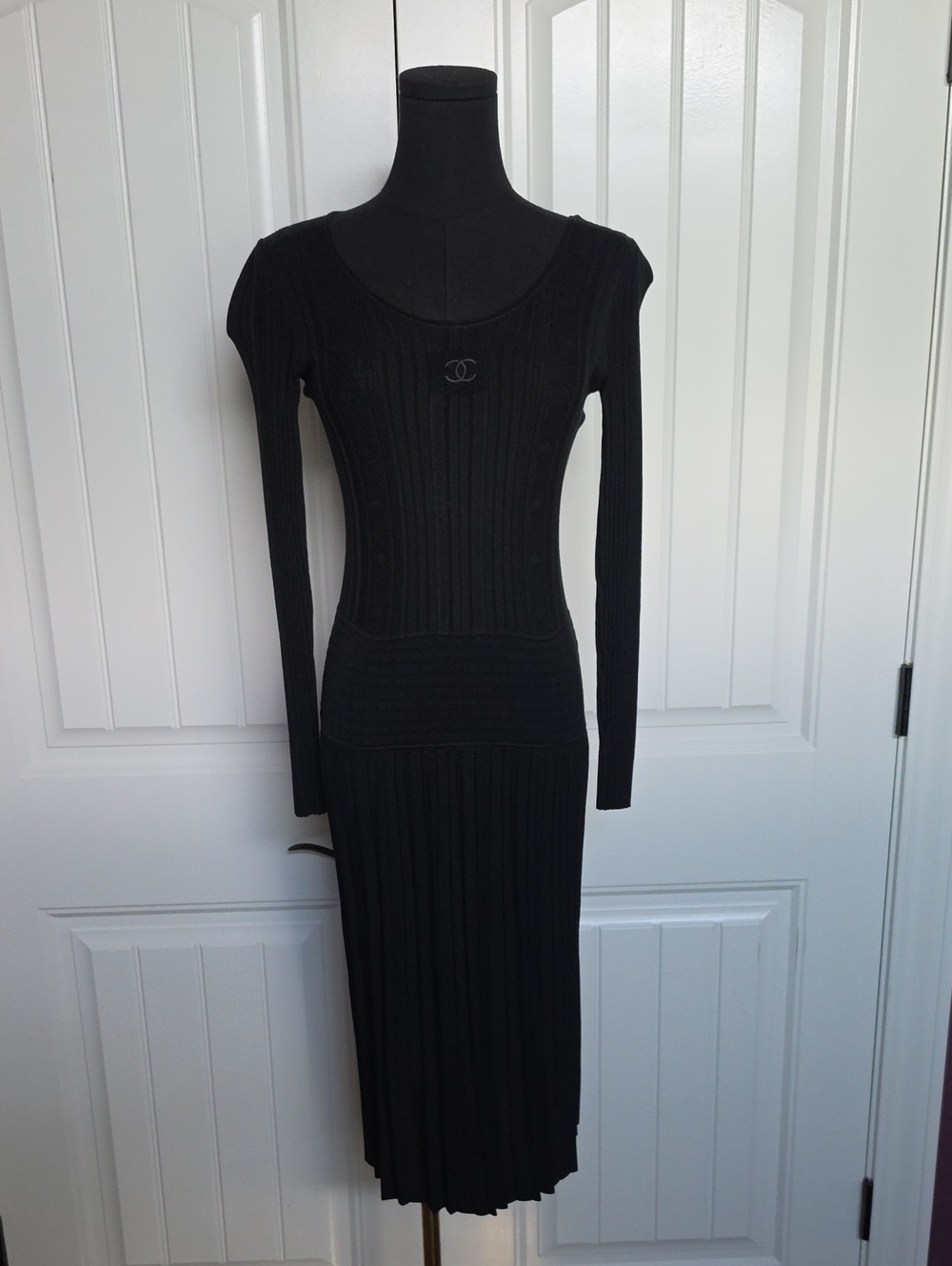 CHANEL Black Long-Sleeve Ribbed Knit Midi Dress